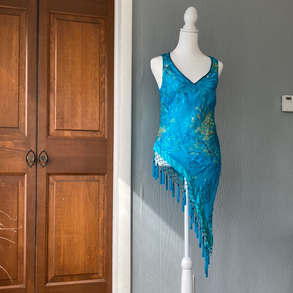 Cache turquoise and gold asymmetrical sequined top